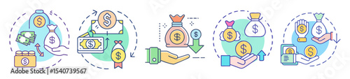 Financial transactions and investment strategies illustrated with icons and visual representations