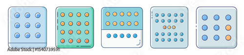 Colorful illustration of various birth control pill packs with different configurations