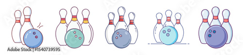 Five different bowling arrangements with bowling pins and bowling balls illustration