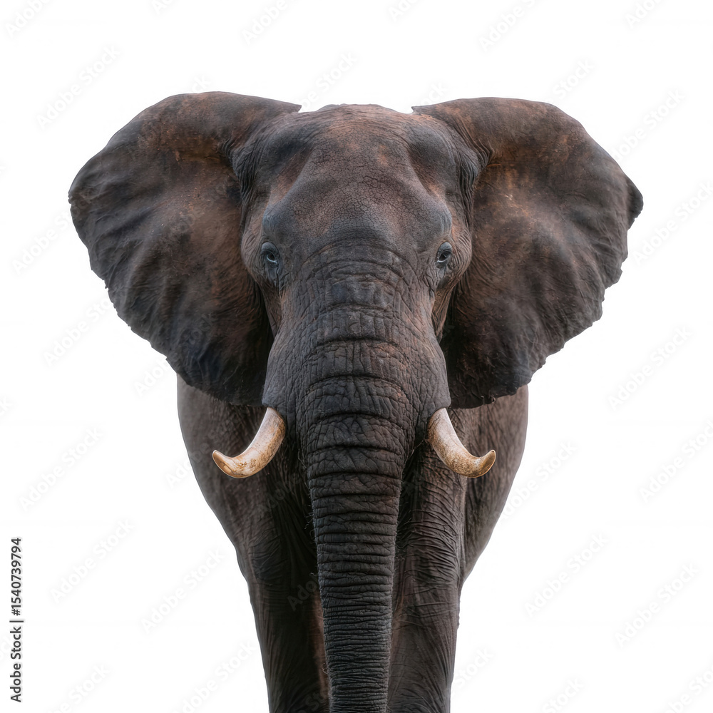 Naklejka premium A majestic elephant standing gracefully, showcasing its large ears and impressive tusks against a white isolated background.