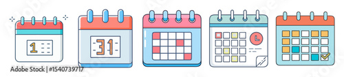 Collection of colorful calendar illustrations for events, planning and reminders on white background