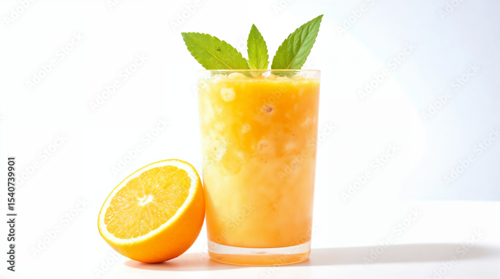 Fototapeta premium Refreshing Orange Juice: A vibrant glass of freshly squeezed orange juice, adorned with sprigs of fresh mint, alongside a juicy orange half, offering a visual feast of health and refreshment.