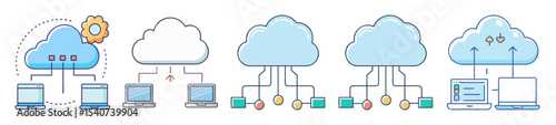 Various cloud computing network concepts showcasing communication between devices and data servers
