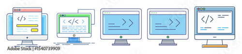 Various computer screens displaying different types of code and information visuals