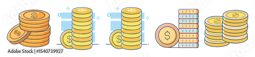 Stacks of coins in various styles and currencies represent savings