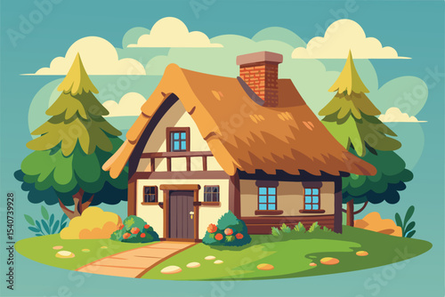 Charming Thatched-Roof Cottage in a Picturesque Landscape Illustration