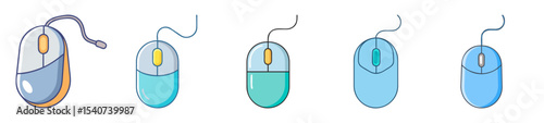 Collection of five cute cartoon computer mice in a row on white