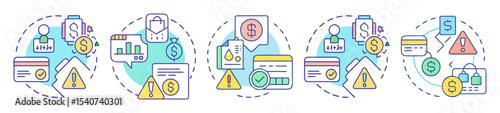 Multiple examples showing concepts related to financial fraud, scams, and money dangers