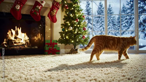 Ginger cat walking on christmas carpets in cozy living room with winter window view