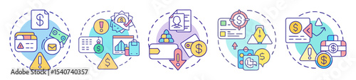 Various illustrated icons representing financial risks and strategies in investments, savings