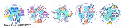 Cultural exploration featuring global landmarks, traditions, and symbolic representations in diverse artistic styles