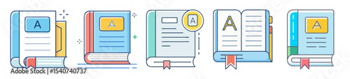 Collection of colorful book icons with bookmarks, featuring the letter A on cover