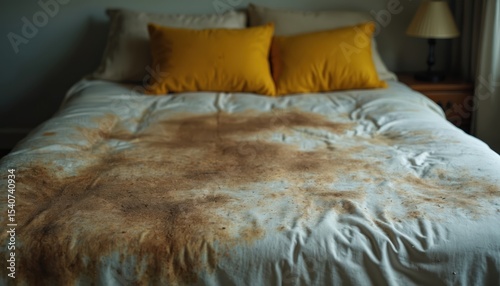 Dirty stained mattress on bed. Messy bed sheet with soil spots. Unclean, damaged bedroom interior. Unhealthy, unsanitary rest place. Home hygiene problem.