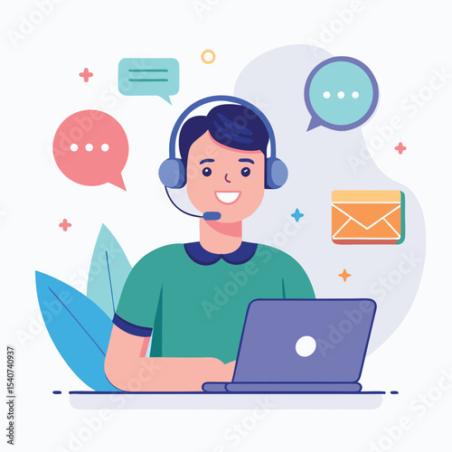 Smiling man with headset at a laptop surrounded by chat icons answers questions