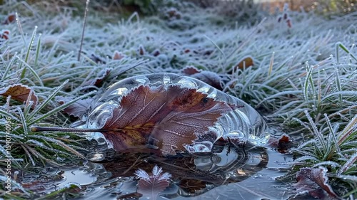 Frosted Leaf Resting On Ground Creates Beautiful Winter Scene Close-Up