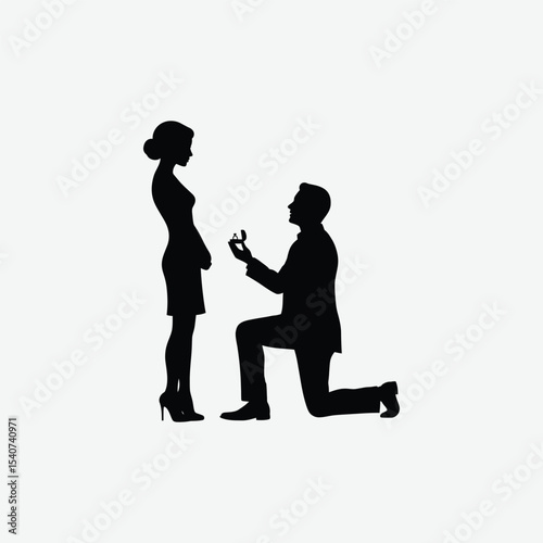 Elegant black and white silhouette of a man proposing on one knee to a woman in heels. Perfect romantic vector for love, engagement, or wedding-themed designs.
