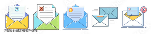 Collection of cartoon envelope illustrations depicting various email communication states