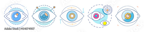 Collection of stylized eye icons representing various eye conditions or technologies