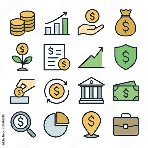 Colorful Financial Icons Set: Growth, Investment, and Security