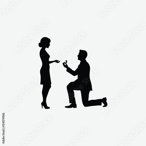 Elegant black and white silhouette of a man proposing on one knee to a woman in heels. Perfect romantic vector for love, engagement, or wedding-themed designs.