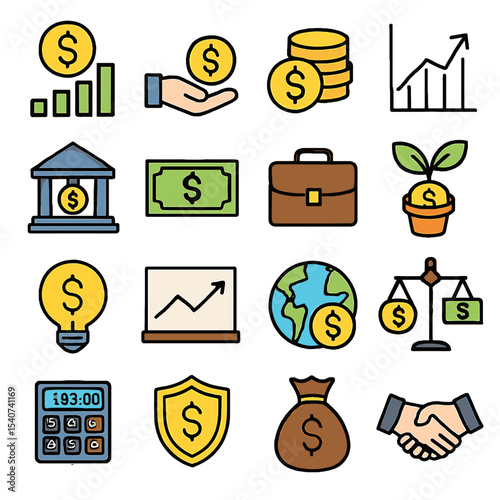 Colorful Financial Icons Set: Growth, Investment, and Banking Symbols