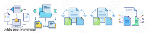 Illustrative representations of file management, data sharing, and document workflows