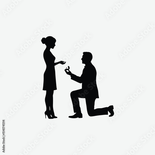 Elegant black and white silhouette of a man proposing on one knee to a woman in heels. Perfect romantic vector for love, engagement, or wedding-themed designs.