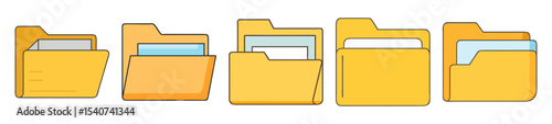 Five file folder icons showing document management and digital organization concepts