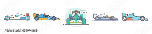 A set of stylized Formula One racing cars in various viewpoints and colors