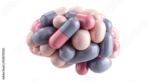 Brain entirely made of pink and purple pills on transparent background representing mental health treatment, psychology, psychiatry, neurology, medication, and the pharmaceutical industry photo
