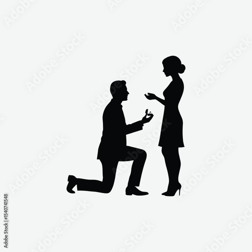 Elegant black and white silhouette of a man proposing on one knee to a woman in heels. Perfect romantic vector for love, engagement, or wedding-themed designs.