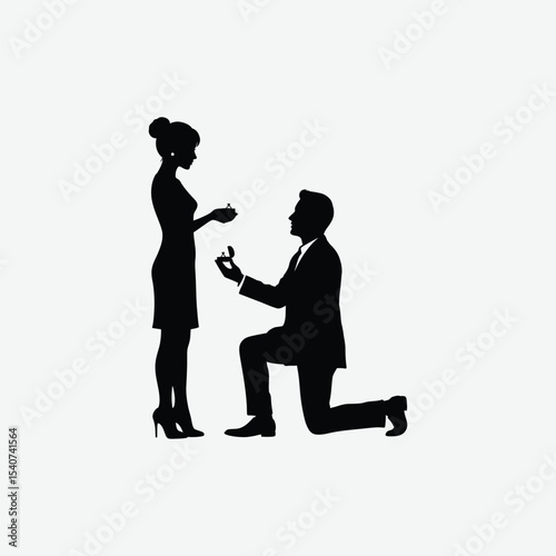 Elegant black and white silhouette of a man proposing on one knee to a woman in heels. Perfect romantic vector for love, engagement, or wedding-themed designs.