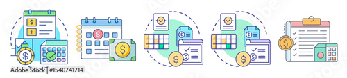 Financial Planning, Budgeting, and Analysis with Calendar, Spreadsheet, Checklist, and Currency Icons