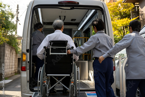制服を着た男女の介護士が、住宅街の福祉車両に車椅子の高齢男性をスロープで丁寧に乗車介助している後ろ姿のチームワークを感じさせるシーン