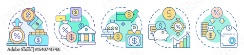 Financial themed illustrations showing investments, savings, and market conditions in vibrant colors