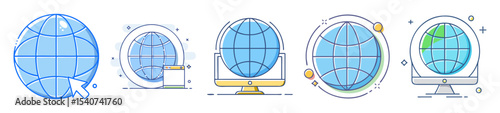 Modern minimalist set of global network icons representing online connectivity
