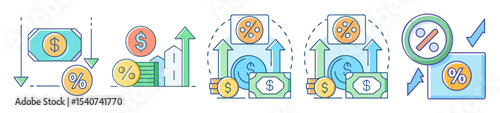 Financial growth and reduction visual representation using money and percentage symbols