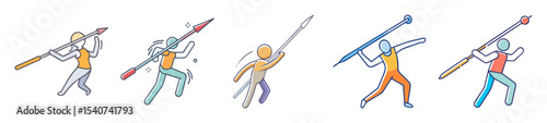 Set of cartoon stick figures throwing javelin in motion, various angles