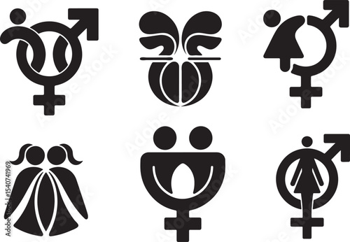 Gender Equality Family Icon Set Black Silhouette Vector