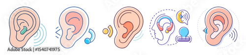 Different depictions of human ears with hearing aids and sound waves