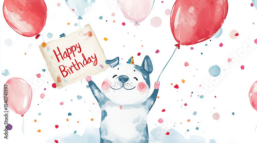 flat watercolor style illustration, attractive for children, cute dog holding a signboard with text 