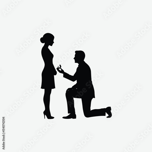 Elegant black and white silhouette of a man proposing on one knee to a woman in heels. Perfect romantic vector for love, engagement, or wedding-themed designs.