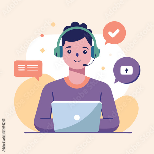 Cartoon agent with a headset types on laptop, surrounded by chat icons