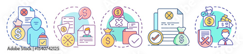Approval and disapproval of money, business and documentation, concept vector icons