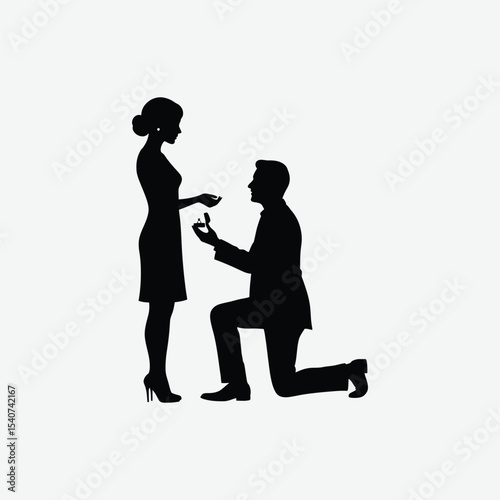 Elegant black and white silhouette of a man proposing on one knee to a woman in heels. Perfect romantic vector for love, engagement, or wedding-themed designs.