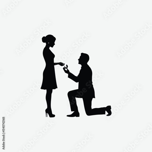 Elegant black and white silhouette of a man proposing on one knee to a woman in heels. Perfect romantic vector for love, engagement, or wedding-themed designs.