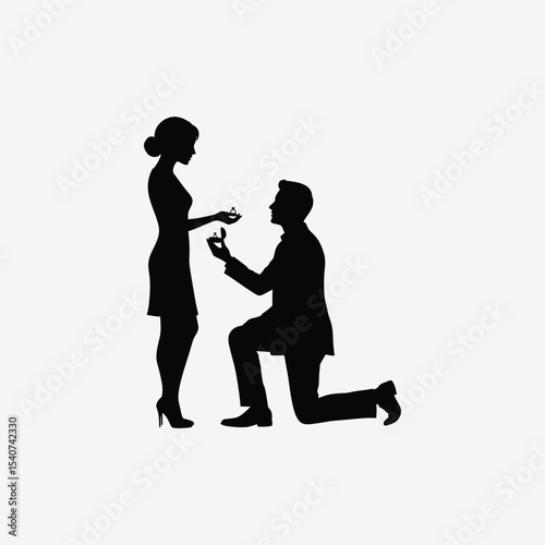Elegant black and white silhouette of a man proposing on one knee to a woman in heels. Perfect romantic vector for love, engagement, or wedding-themed designs.
