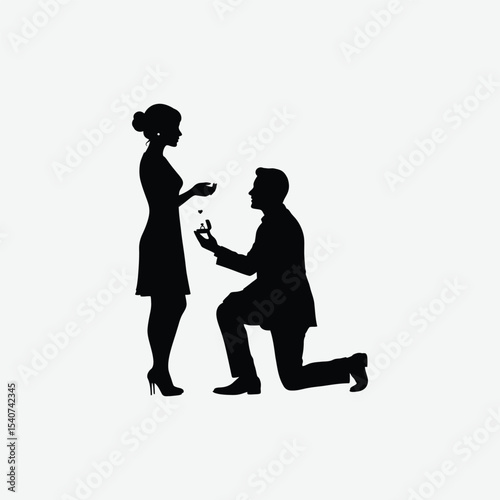 Elegant black and white silhouette of a man proposing on one knee to a woman in heels. Perfect romantic vector for love, engagement, or wedding-themed designs.