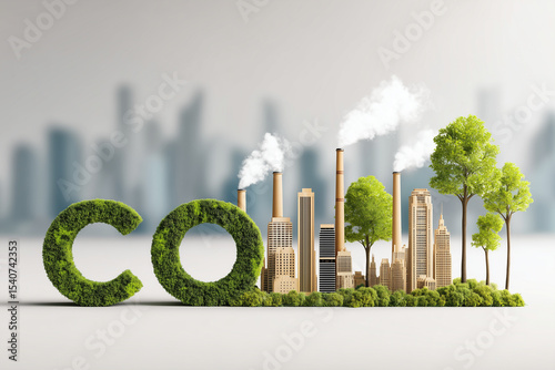 Miniature city with factories emitting smoke next to the CO letters covered by grass, representing carbon dioxide and pollution reduction