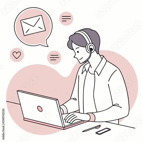 Smiling Asian customer service rep with headset answers emails on the computer